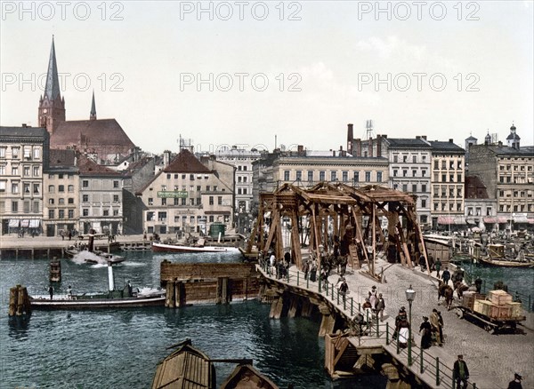 The large bridge in Szczecin, West Pomerania, formerly Germany, today Szczecin, Poland, Historical, Photochrome print from the 1890s.