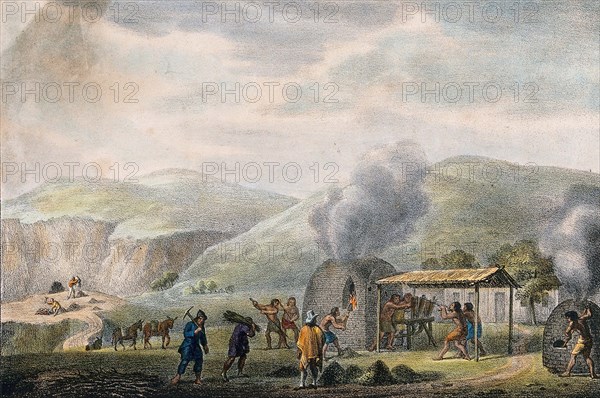 The processing of copper, copper mine, copper smelter, around 1800, England, Historical, digitally restored reproduction of an original of the time.