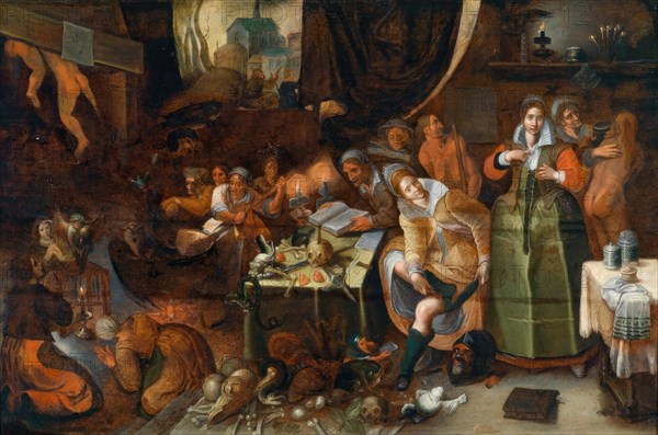 Witches' Sabbath or Devil's Dance, a regular, secret, nocturnal, festival-like meeting of so-called witches and sorcerers of a region with the devil at a specific, usually remote location, the so-called Witches' Dance, Witches' Magic, Historical, digitally restored reproduction from an original of the time.