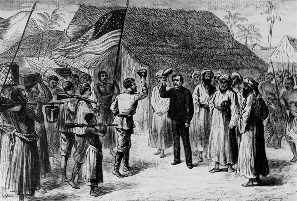 Henry Morton Stanley meeting David Livingstone in Africa.