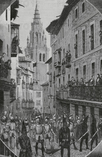 History of Spain. 19th century. Easter Week in Toledo. Good Friday procession. Drawing by Nao. Engraving by Capuz. La Ilustracion Espanola y Americana (The Spanish and American Illustration), April 8, 1884.
