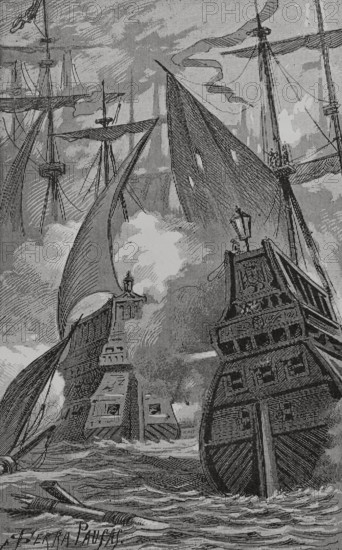 Battle of Cape Corvo (August 1613). Naval engagement of the Ottoman-Habsburg wars for the control of the Mediterranean. The Spanish squadron arrived from Sicily, under the command of Admiral Ottavio d'Aragona (1565-1623), defeated the Ottoman fleet commanded by Sinari Pasha. The Bey of Alexandria was one of the hundreds of prisoners made by the Spaniards. Ottavio d'Aragona's squadron capturing the Alexandria squadron. Illustration by Serra Pausas. ""Glorias Espanolas"" (Glories of Spain). Volume IV. Published in Barcelona, 1890.