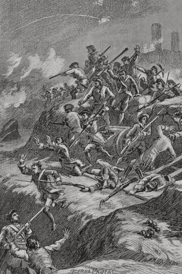 War of the Spanish Succession (1705-1714). Catalonia campaign. Siege of Barcelona (1713-1714). On 12 August 1714, the Bourbon army set out to attack the city of Barcelona. On the 12th, 13th and 14th they carried out several artillery bombardments on the Santa Clara Bastion, although the Duke of Berwick was finally defeated by the Catalans. The Barcelonians come out in force. Illustration by Serra Pausas. ""Glorias Espanolas"" (Glories of Spain). Volume IV. Published in Barcelona, 1890.