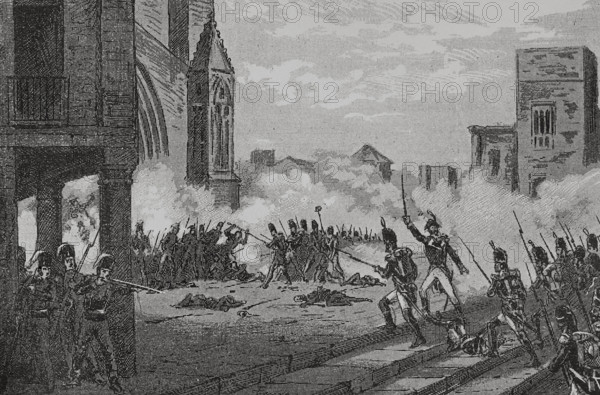 Spain, Catalonia. Peninsular War (1808-1814). Siege of Tarragona (1811). It confronted the French troops under the command of General Suchet against the Spanish troops led by Juan Senen de Contreras, military governor of the city. The fighting took place between 5 May and 29 June 1811, ending with the French occupation of the city. Tarragona remained under French control until Suchet's retreating on 13 August 1813. Combat in the cathedral square. Engraving. ""Glorias Espanolas"" (Glories of Spain). Volume IV. Published in Barcelona, 1890.