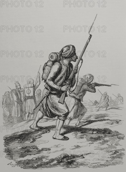 Crimean War (1853-1856). The Zouaves in the Crimea. Infantry regiments of the French army whose members were originally from Algeria. Engraving. ""Los Heroes y las Grandezas de la Tierra"" (The Heroes and the Grandeurs of the Earth). Volume VIII. 1856.