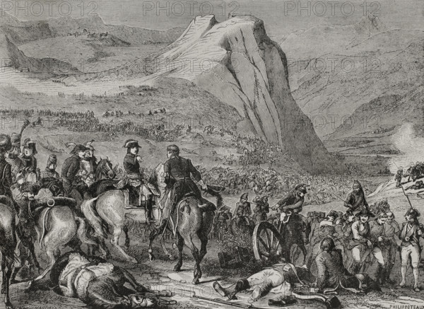 French Revolutionary Wars. War of the First Coalition (1792-1797). Italian campaign. Battle of Rivoli (14 January 1797). The French army under Napoleon Bonaparte defeated the Austrian forces. Drawing by Philippoteaux. Engraving by Launay-Marchand. ""History of the French Revolution"". Volume I, 2nd part, 1879.