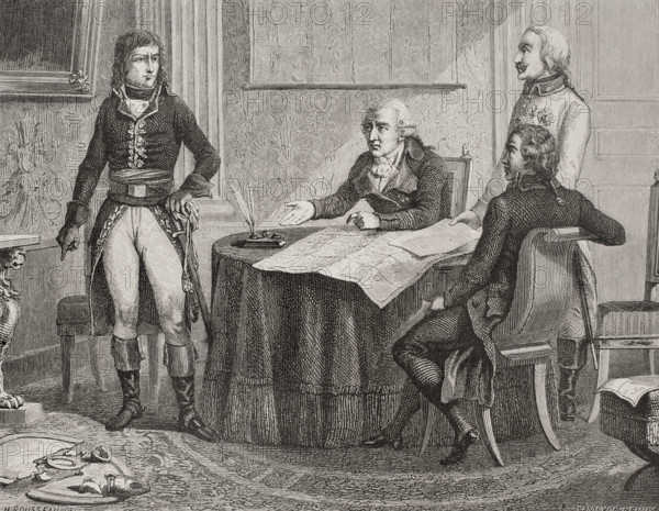 Treaty of Campo Formio. Signed on 17 October 1797 at Villa Manin (Passariano, Italy), by Martius Mastrilli, Louis Cobenzl, Maximilian Mervelot and Ignatius Degelmann, as Austrian representatives, and Napoleon Bonaparte as representative of the French Directory. It marked the end of the First Coalition, with the victory of Napoleon's campaigns in Italy. France gained territories belonging to the Austrians. Negotiations between Count Cobenzl and Napoleon Bonaparte. Drawing by H. Rousseau. Engraving by Meyer-Heine. ""History of the French Revolution"". Volume I, 2nd part, 1879.