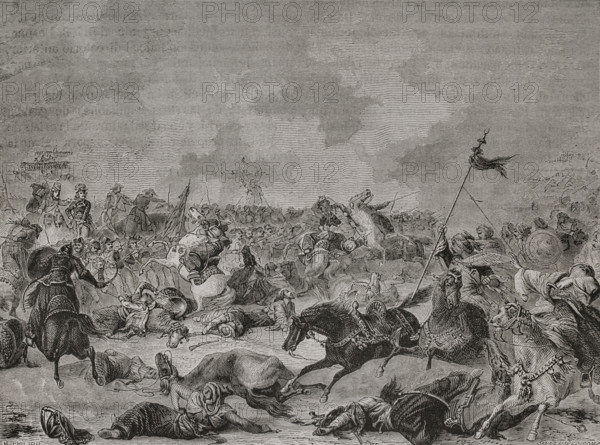 Napoleonic Wars. French Campaign in Egypt and Syria (1798-1801). Battle of Mount Tabor (16 April 1799). Forces of the French Army of the West, commanded by General Jean-Baptiste Kleber, were attacked by an Ottoman military contingent led by Ahmed Bajah, governor of Damascus. General Junot came from Nazareth to join Kleber. So did Napoleon from Acre, causing the Ottomans to flee. Engraving by Pannemaker. ""History of the French Revolution"". Volume I, 2nd part, 1879.