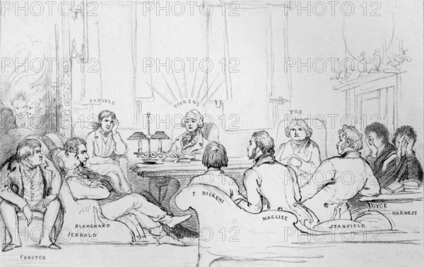 This drawing is from The Life of Charles Dickens by John Forster, Vol II (1842-1852). This sketch dates to Monday December 2, 1844, and shows Dickens the house with the address #58 Lincoln's Inn Fields. Lincoln's Inn Fields is the largest public square in London. In Dickens' novel Bleak House, one of the attorneys has his office in a building in Lincoln's Inn Fields. #58 was John Forster's home from 1834 to 1856. Pictured with Forster (seated to very far left) and Dickens (seated in middle) are: from left to right: Jerrold, Blanchard, Carlyle, F. Dickens, Maclise, Fox (frontal face view), J. Stanfield, Dyce, and Harness.