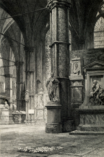 Dickens’ tomb is in the south transept of the Poets' Corner at Westminster Abbey in London, England, and is marked by a small stone inscription (area pictured here).This was per Dickens' wish and he wrote in his will: that my name be inscribed in plain English letters on my tomb... I rest my claims to the remembrance of my country upon my published works. Charles Dickens died June 9, 1870, and was buried at the Abbey on June 14. Charles Dickens (1812-1870) was an English writer and social critic, and considered by some the best novelist of the Victorian era. Some of his best-known works are David Copperfield, A Christmas Carol, A Tale of Two Cities. This illustration by John Saddler is from the 1874 edition of The Life of Charles Dickens Vol III 1852-1870 by John Forster. Saddler, an English line engraver (died 1892), based it on a watercolor by English Victorian painter Luke Fields (died 1927).