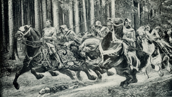 This images the flight of Charles the Bold after the Battle of Morat by E Burnand. The Battle of Morat (or Battle of Murten) was a battle in the Burgundian Wars (1474–77) that was fought on 22 June 1476 between Charles the Bold, the Duke of Burgundy, and a Swiss Confederate army at Morat/Murten, about 18 miles from Bern. The result was a crushing defeat for the Burgundians at the hands of the Swiss. Eugène Burnand (30 August 1850 – 4 February 1921) was a prolific Swiss painter and illustrator from Moudon, Switzerland. Born of prosperous parents who taught him to appreciate art and the countryside, he first trained as an architect but quickly realised his vocation was painting.