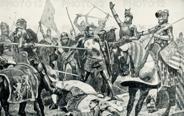 This image shows the capture of King John in Battle of Poitiers by R Catou Woodville. The Battle of Poitiers was fought on September 19, 1356 between England and France. The English won, one of their three major victories in the Hundred Years War. Leading the troops for France was King John and, for England, Edward the Black Prince. Circumstances led to King John's troops being left stranded and Edward was able to encircle him and capture both the king, as shown here, and his men. Richard Caton Woodville Jr. (died 1927) was an English artist and illustrator, who is best known for being one of the most prolific and effective painters of battle scenes in the late 19th and early 20th centuries.