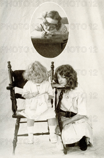 This 1917 image shows photos of young child writing (top inset), sewing, with an older girl watching her.