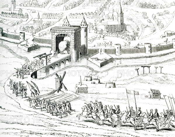 Pictured in this 1597 illustration is the surprise attack on Amiens in France by the Spanish on March 11 that very year. The illustration is from a drawing whose inscription read: Portrait of the city of Amiens, when it was taken by surprise on Mar 11, 1597, with one carriage, and few people. Among the people was the governor of Doullens [which city had been taken by the Spanish in 1595]. The battle was part of the Franco-Spanish War, which in turn was part of the French Wars of Religion and the Anglo-Saxon War. Just months later, in September, the French retook the city.