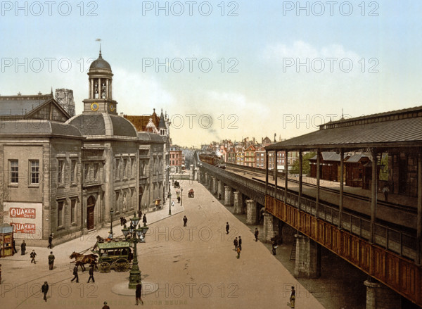 The Stock Exchange and the Bourse Station, Netherlands, around 1895, Historical, digitally restored reproduction from an original from the 19th century.