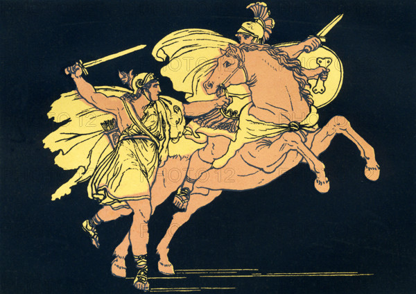 According to Greek mythology, Camilla was a member of the Volsci, an Italic tribe. Her parents were King Metabus and Casmilla. According to Virgil's Aeneid, Metabus was dethroned by his people and forced to flee. He grabbed his daughter and as the Volsci chase him, he fears for Camilla, attaches her to his spear and flings both across the River Amasenus and then swam across and got her. Later Camilla joins with Turnus, king of the Rutuli, and they fight against Aeneas and his followers who have fled Troy after the Trojans lose to the Greeks in the Trojan War. In this illustration that dates to around 1900, Camilla engages with the son of Aunus, who is fighting with the Trojans. The son of Aunus had chnallenged Camilla to fight on foot rather than from a horse. What exactly happens, Virgil does not say.