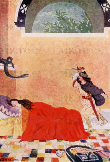 The caption for this illustration reads: He was horrified to see a snake on the wall. This tale involves a mean monster named Bash Tchelik, which means ""real steel""). He terrorized the area and had taken wives of three princes. This illustration shows the youngest rince saving a princess from being killed by a serpent. The princess had been locked in a tower to keep her from Bash Tchelik. The youngest prince managed to outwit Bash Tchelik by findinng out the sevret to his power and killed him. The illustration is from a 1921 book on Serbian myths and legends.