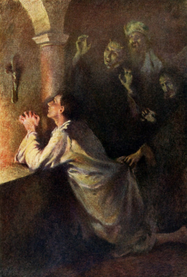 The caption for this illustration reads: The young man strove earnestly in prayer. Accoridng to the tale: A man sends his three sons out into the world with items to secure before each can marry. The two older ones trick the younger one who must go on his own. He comes to a place where a princess lives. Her father was a mean man. Every suitor who has stayed the night has been killed. The boy stays, prays to God when dark forces comes and survives. The princess helps him do his father's bidding, twice. The third chore from the father is for each son to find a wife. The boy goes back to the princess. That night, ghosts and vampires assail him (seen here), but he prays and survives. The princess marries him and they return to his father. The illustration is from a 1921 book on Serbian myths and legends.