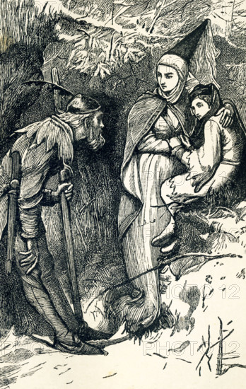 Queen Margaret was the wife of Henry VI of England. It was the time of the War of the Roses and Henry was fighting for the English throne. The year was 1461. At Hexham, Henry met a great defeat and his wife and their son, the Prince of Wales, fled for safety. Robbers stoped them and took all they had and then began to fight among themselves as to who would have what. Margaret escaped with the prince. They fled to the forest but there met a robber armed with a sword as seen here. Margaret begged that he keep her son safe - the outlaw took pity and showed them his cave. They hid there for two days and were cared by the robber's wife. Margaret was finally reunited with her husband, who also had escaped. This drawing by Edward Dalziel accompanied Charles Dickens' account of the tale in his book ""A Child's History of England."".