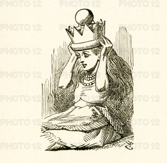 This illustration of Alice putting on the royal crown is from ""Through the Looking-Glass and What Alice Found There"" by Lewis Carroll (Charles Lutwidge Dodgson), who wrote this novel in 1871 as a sequel to ""Alice's Adventures in Wonderland."".