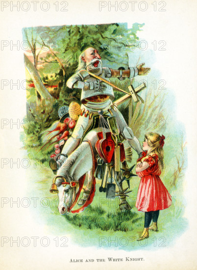 This illustration of Alice and the White Knight is from ""Through the Looking-Glass and What Alice Found There"" by Lewis Carroll (Charles Lutwidge Dodgson), who wrote this novel in 1871 as a sequel to ""Alice's Adventures in Wonderland."" The White Knight is a fictional character that Alice meets in the garden. He is based on a chess player. It is the White Knight who rescues Alice from the Red Knight and he escorts her to the eighth square of the chess board, where the Red Queen said she would make Alice a queen if she reached it. was on the ground and not able to hear or see Alice, but then all changes after she picks him up, and also the White Queen. The White Knight is shown riding in a unique way - leaning forward over the bridle and standing in the stirrups.