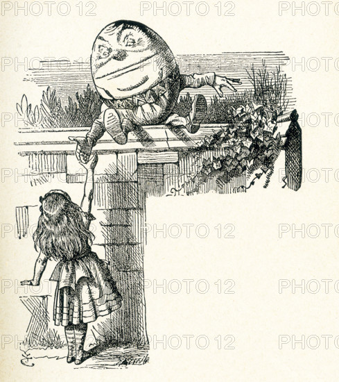 This is a scene from what Alice saw once she went through the Looking Glass and into the Looking Glass room in Lewis Carroll's ""Through the Looking Glass."" Here we see Alice and Humpty Dumpty. Lewis Carroll (Charles Lutwidge Dodgson) wrote the novel ""Through the Looking-Glass and What Alice Found There"" in 1871 as a sequel to ""Alice's Adventures in Wonderland."".
