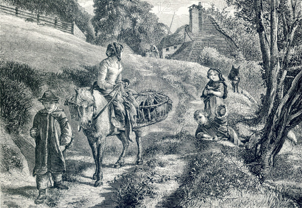This engraving on wood accompanied an 1881 book on British Painters. This one is titled Market Morning, by James Clarke Hook (1819-1907), an English painter and etcher of marine, genre, and historical scenes, and landscapes.