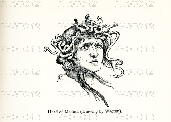 This drawing of the head of Medusa was done by the French artist Jacques Wagrez. To protect his mother, Danae, the mythical Greek hero Perseus accepted the task assigned him by a king named Polydictes of slaying the monster Medusa, whose hair was snakes and whose eyes turned all to stone who gazed at them. Wagrez was a French 19th Century painter who was born in Paris about 1850 and died in 1908.