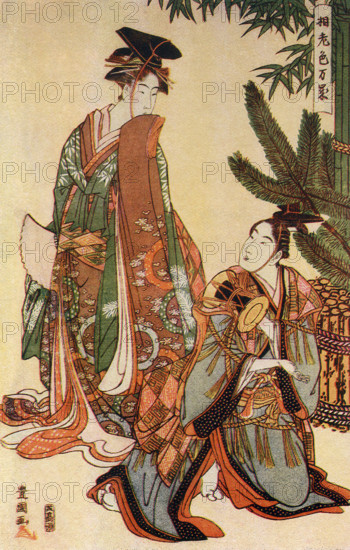 The caption for this image reads: Toyokuni, Manzai (New Year) Dancers.  He was recognized as a master of ukiyo-e and he was especially known for his kabuki actor prints. He lived 1769 to 1825. The ukiyo-e style was popular between the 17th and 19th centuries.  The term translates as ""picture[s] of the floating world."" There were wood prints, as well as paintings of female beauties actors, sumo wrestlers, historical scenes, folk tales, travel, landscape, flowers.