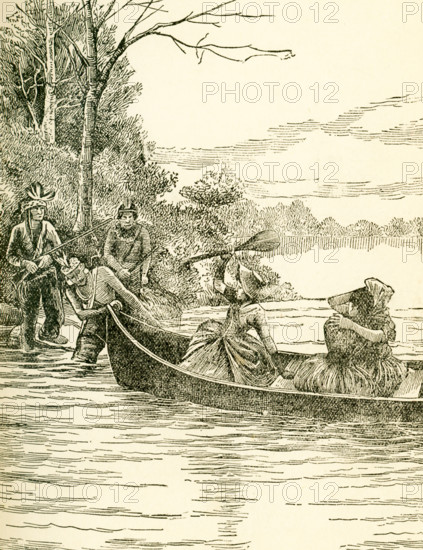 This illustration shows the capture of Miss Jemima Boone (sister of Daniel Boone) and her friends Betsy and Frances Callaway by Indians from Boonesborough. The girls were all about 14. The girls had been rowing along the river and saw a cluster of wild flowers and went toward the opposite shore to pick them. Their cries were heard at the fort but too late and the canoe was the only means of crossing the river. Daniel Boone and Robert Callaway were away at the time. When they returned the next day, they and others set out and were able to track the Indians, who were now more than 30 miles away from the capture site. As the Indians were preparing a fire to cook a meal, Boone and his men rushed in and rescued the girls. The Indians fled and Boone and all returned to Boonesborough. This illustration is from the book titled: Story of the Wild West and Camp Fire Chats: Being the Complete and Authentic History of the Great Heroes of the Western Plains, Buffalo Bill, Wild Bill, Kit Carson, Da...