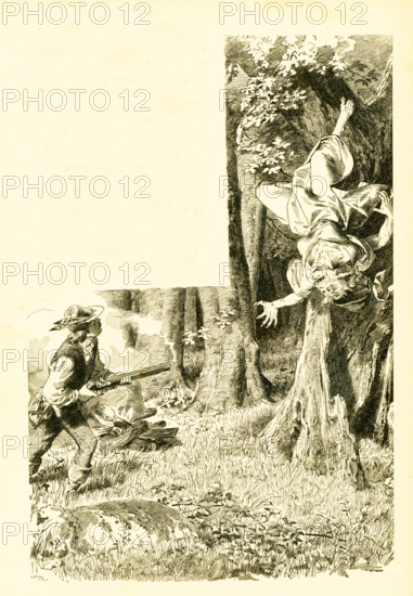 In 1812, the Grimm brothers, Jacob and Wilhelm, published Children and Household Tales, a collection German fairy tales. This illustration accompanied the tale Two Brothers. This image is from Grimms Eventyr (Grimm's Fairy Tales) by Carl Ewald, published in 1922. The frontispiece has the illustrations by Philip Grot Johann and R. Leinweber. Johann was a well-known German illustrator and did pieces for Goethe, but he considered his pieces for Grimm's tales very important. He died young and Leinweber succeeded him as illustrator for later editions of the tales. The Tale: A poor man finds a golden bird in the forest, and gets a feather, an egg, and finally the bird itself. He sells each to his brother. The wicked, rich brother plans to eat the golden bird, but the poor man's two sons eat two small pieces that fall from the roasting bird, the heart and liver, which magically bestow upon the eater the ability to wake up with a gold piece every morning. The two sons are cast out. A kind hun...