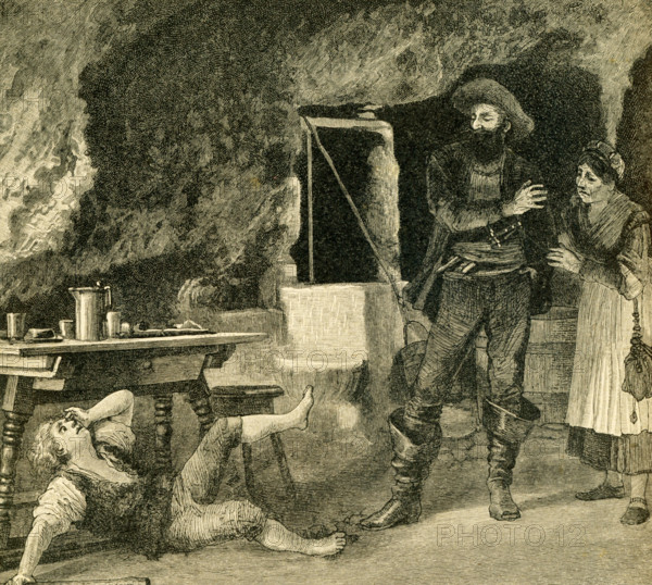 In 1812, the Grimm brothers, Jacob and Wilhelm, published Children and Household Tales, a collection German fairy tales. This illustration accompanied the tale Strong Hans. This image is from Grimms Eventyr (Grimm's Fairy Tales) by Carl Ewald, published in 1922. The frontispiece has the illustrations by Philip Grot Johann and R. Leinweber. Johann was a well-known German illustrator and did pieces for Goethe, but he considered his pieces for Grimm's tales very important. He died young and Leinweber succeeded him as illustrator for later editions of the tales. Stong Hans: Robbers steal a mother and her small son. At nine, the son, Hans, makes himself a club and tries to hit the chief of the robbers. The chief slaps the boy down. Hans tries a few years later and beats the robbers. He goes home, gets a, stronger staff, and sets out. He meets a man strong enough to twist trees that he calls Fir-Twister and a giant who can break rocks with his fist that he nicknames Rock-Chopper. They set up...