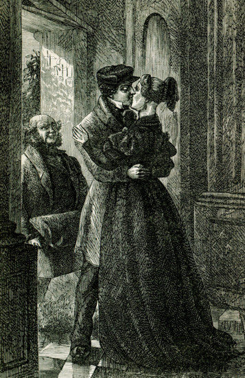 The caption for this late 1800s illustration from the novel Felix Holt by George Eliot reads: ""She heard herself called 'Mother"" and felt a light kiss on each cheek."" Felix Holt, the Radical (1866) is a social novel written by George Eliot about political disputes in a small English town at the time of the First Reform Act of 1832. In January 1868, Eliot penned an article entitled ""Address to Working Men, by Felix Holt"". Mary Ann Evans (1819-1880), known by her pen name George Eliot, was an English novelist, poet, journalist, translator and one of the leading writers of the Victorian era. She wrote seven novels, Adam Bede, The Mill on the Floss, Silas Marner, Romola, Felix Holt, the Radical, Middlemarch and Daniel Deronda.