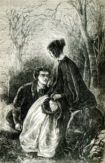 The caption for this late 1800s illustration from the novel Felix Holt by George Eliot reads: ""You are very beautiful."" Felix Holt, the Radical (1866) is a social novel written by George Eliot about political disputes in a small English town at the time of the First Reform Act of 1832. In January 1868, Eliot penned an article entitled ""Address to Working Men, by Felix Holt"". Mary Ann Evans (1819-1880), known by her pen name George Eliot, was an English novelist, poet, journalist, translator and one of the leading writers of the Victorian era. She wrote seven novels, Adam Bede, The Mill on the Floss, Silas Marner, Romola, Felix Holt, the Radical, Middlemarch and Daniel Deronda.