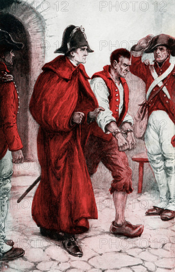The 1912 caption reads:  ""Vidocq escapes in sight of police. On the day of his trial, Vodocq, while waiting in a small room, put on the hat and cloak of a gendarme, or policeman, who had left them there while he entered the court. Then, taking a prisoner by the arm, Vidocq passed out."" Eugene-Francois Vidocq (1775 -1857) was a French criminal turned criminalist, whose life story inspired several writers, including Victor Hugo, Edgar Allan Poe and Honore de Balzac. The former criminal became the founder and first director of the crime-detection Svªrete nationale as well as the head of the first known private detective agency. Vidocq is considered to be the father of modern criminology and of the French police department.[3] He is also regarded as the first private detective.