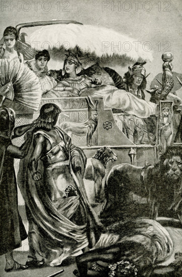 The caption for this 1912 image reads"" ""Cleopatra in all her splendor - prisoners of war being brought before Cleopatra, who is seated in her chariot."" Cleopatra VII (69-30 B.C.), the daughter of Ptolemy XI, of Egypt. She married her brother Ptolemy XII and began to rule Egypt with him when she was 17. She later aligned her self with Julius Caesar against her brother. Following Caesar's death, she aligned herself with Mark Antony. Following Antony's death, she is said to have killed herself, as legend has it, by the bite of an asp.