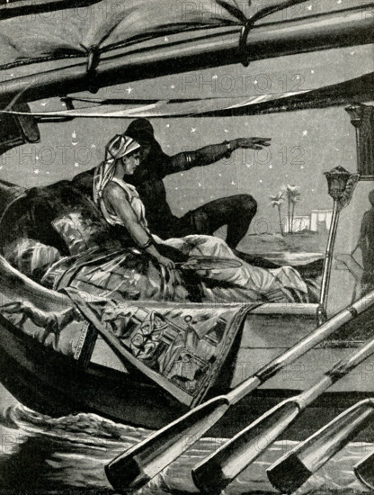 This 1912 image shows Cleopatra on a barge on the Nile River. Cleopatra VII (69-30 B.C.), the daughter of Ptolemy XI, of Egypt. She married her brother Ptolemy XII and began to rule Egypt with him when she was 17. She later aligned her self with Julius Caesar against her brother. Following Caesar's death, she aligned herself with Mark Antony. Following Antony's death, she is said to have killed herself, as legend has it, by the bite of an asp.