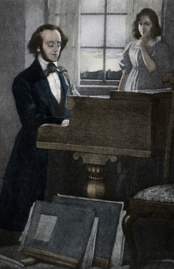 This illustration shows Felix Mendelssohn (1809-1847), a German composer, pianist, organist and conductor of the early Romantic period. Mendelssohn's compositions include symphonies, concertos, piano music, organ music and chamber music. Cecile, the wife of Mendelssohn, was the daughter of a French Protestant minister who settled in Frankfurt, Germany. She died in 1853.
