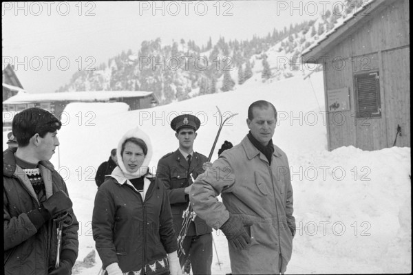 Charles, Anne and Prince Philip, skiing in Malbun, 1965.