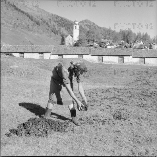 Walser village Bosco Gurin: woman working in a filed; 1956.