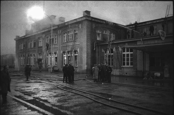 Fire brigade at fire in refrigerator factory, Arbon 1962.