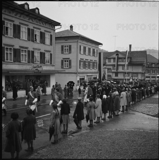 New elected federal president Thomas Holenstein visiting Butschwil; 1957.