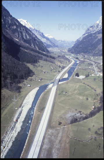Construction of Gotthard Motorway near Amsteg, 1980.