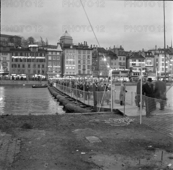 Visitors on Rapid army gangplank across Limmat, Zurich 1957.