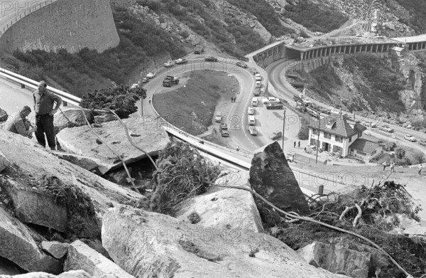 Blasting after rock slip, Gotthard pass road 1969.