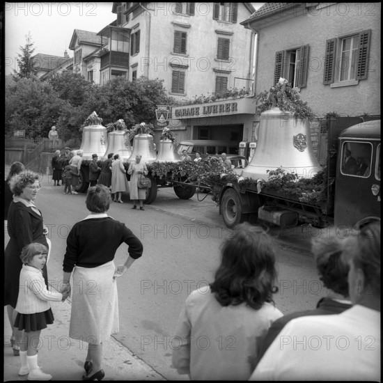 Church bell lifting ceremony, catholic church Thalwil 1959.