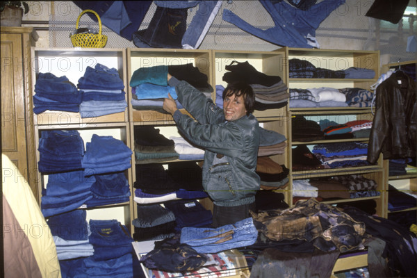 Janos Giber in his Jeansshop, Budapest 1989.