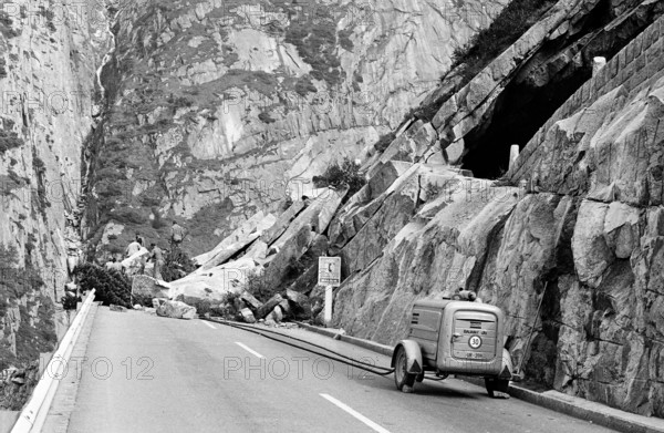 Blasting after rock slip, Gotthard pass road 1969.