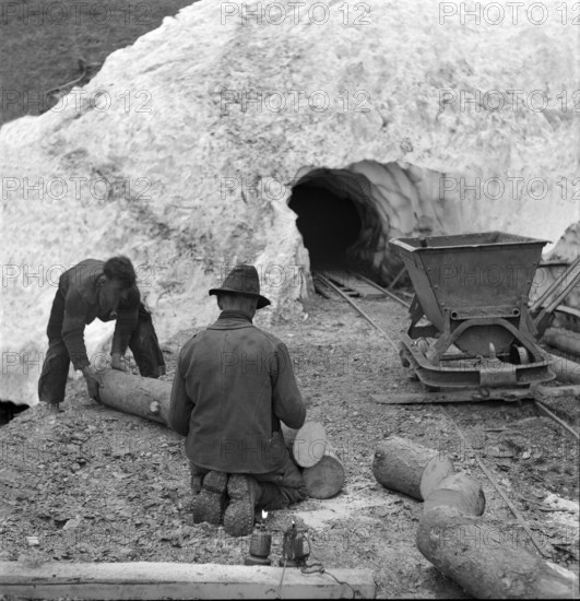 Valais, Miners; mine car; tree trunk; Goltschried coal mine; 1941.