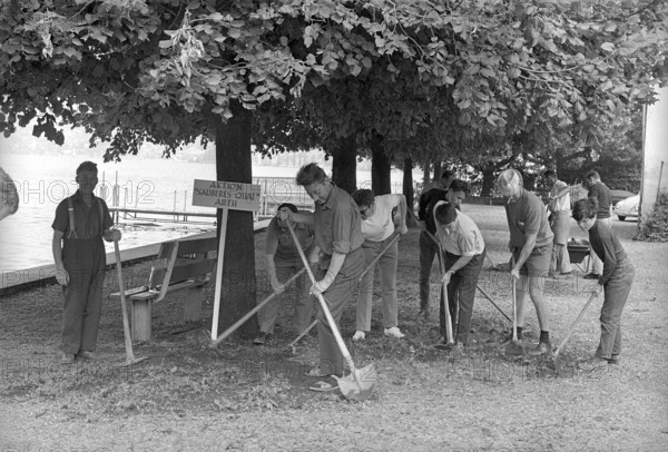Inhabitants of Arth cleaning lakeside walk near Lake Zug 1970.
